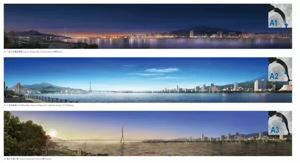 ▲▼淡江大橋夕照打卡點，A1為虹橋廣場、A2為觀景平台、A3為石頭廣場。（圖／公路局提供）