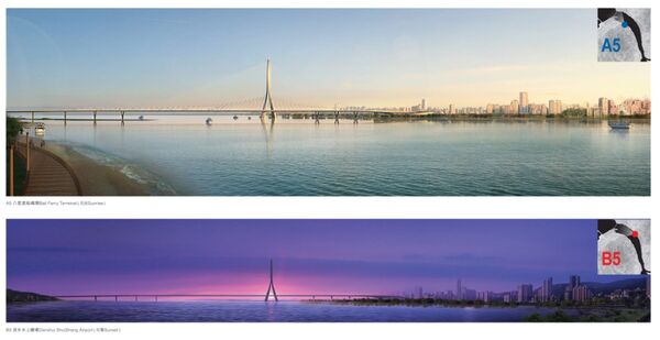 ▲▼淡江大橋夕照打卡點，A5為八里渡船頭、B5為英商嘉士洋行倉庫。（圖／公路局提供）