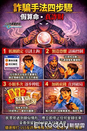 ▲刑事局對近日網路詐團佯裝算命師販售靈符法寶詐騙提出預警。（圖／刑事局提供）