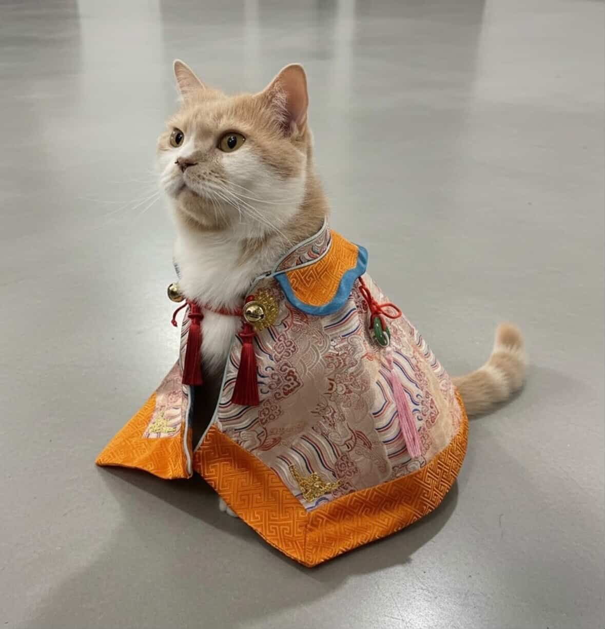 ▲奴才手工縫製喵皇「龍袍」　穩重眼神霸氣外露惹網笑：皇上吉祥！。（圖／花生放送@peanut.watson提供，請勿隨意翻拍，以免侵權。）