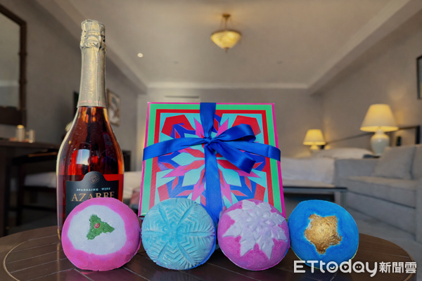 ▲高雄漢來情人節住房專案贈香氛泡澡球禮盒與限量粉紅氣泡酒。（圖／漢來大飯店提供）
