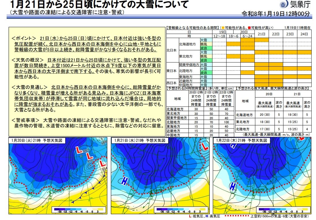 ▲▼日本政府再發「國家級大雪警報」恐連下5天：非必要勿外出。（圖／翻攝日本氣象廳）
