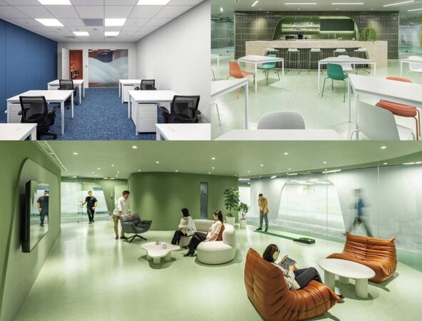 ▲左上圖為私人辦公室；右上圖是自由辦公桌；下圖為休憩區。（圖／貿協提供）