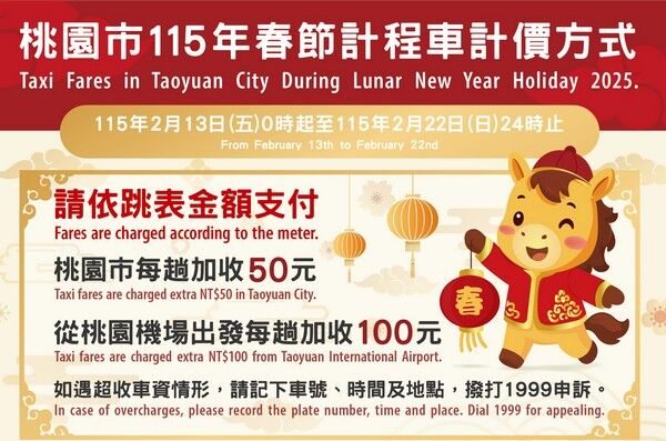 ▲115年農曆春節桃園計程車每趟加收50