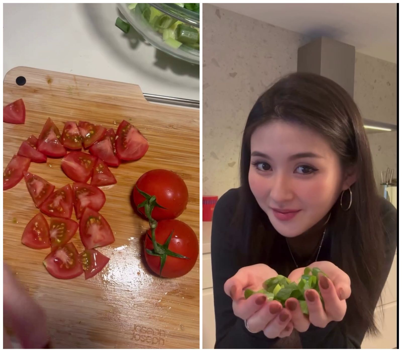 廖思惟把青蔥、番茄切丁。（翻攝inmomentsofstillness IG）
