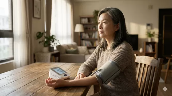 ▲▼中老年女子量血壓。（AI協作圖／記者林蕙娟製作，經編輯審核）