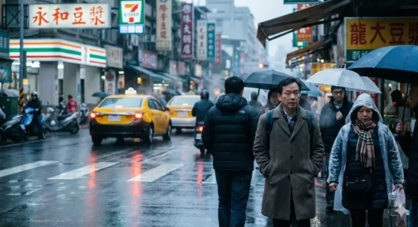 ▲▼冬天濕冷的街景，行人穿很多。（AI協作圖／記者林蕙娟製作，經編輯審核）