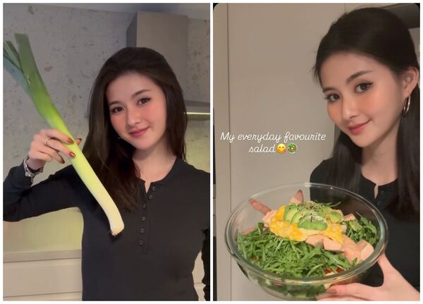 廖思惟教大家做她最喜歡，也是每天都會吃的沙拉，拿著大蔥開始下廚。（圖／翻攝inmomentsofstillness IG）