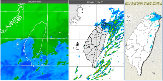 ▲▼今(22日)晨4：30紅外線色調強化雲圖顯示，迎風面雲層較厚(左圖)。4：30雷達回波合成圖顯示，雲層伴隨降水回波(中圖)。4：30累積雨量顯示，迎風面降雨較明顯(右圖)。（圖／翻攝自「洩天機教室」）