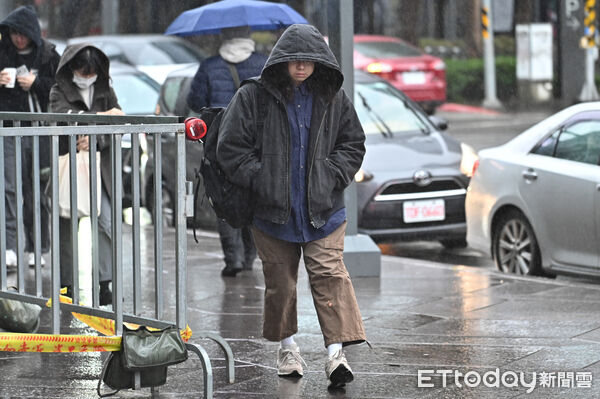 ▲▼羽絨衣,行人,路人,過馬路,行人穿越道,斑馬線,口罩,低溫,寒流,冬天,濕冷,輻射冷卻,保暖,禦寒,冬衣,冬季,東北季風,大陸冷氣團,氣象,降溫,雨傘,撐傘,下雨,降雨,雨天,天氣配圖。（圖／記者李毓康攝）