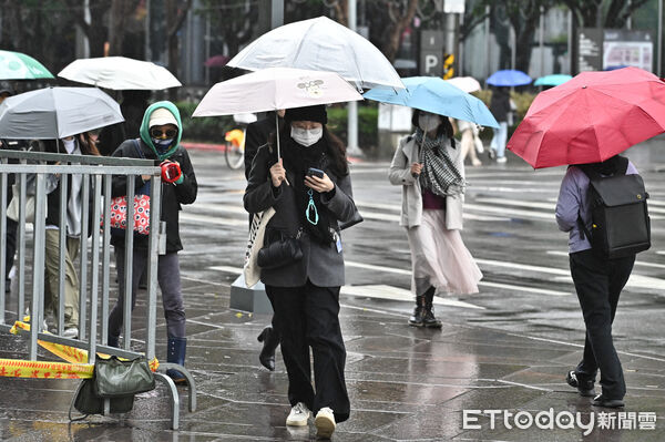 ▲▼羽絨衣,行人,路人,過馬路,行人穿越道,斑馬線,口罩,低溫,寒流,冬天,濕冷,輻射冷卻,保暖,禦寒,冬衣,冬季,東北季風,大陸冷氣團,氣象,降溫,雨傘,撐傘,下雨,降雨,雨天,天氣配圖。（圖／記者李毓康攝）