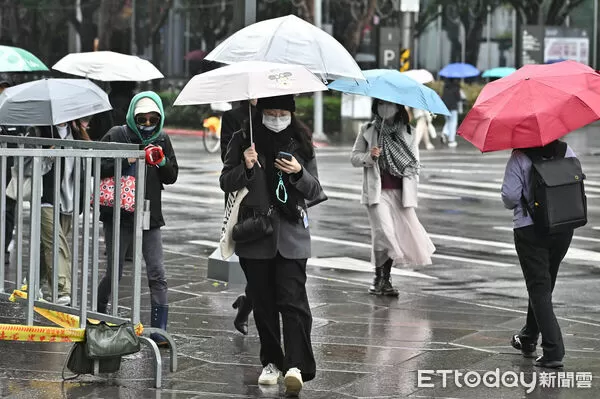 ▲▼羽絨衣,行人,路人,過馬路,行人穿越道,斑馬線,口罩,低溫,寒流,冬天,濕冷,輻射冷卻,保暖,禦寒,冬衣,冬季,東北季風,大陸冷氣團,氣象,降溫,雨傘,撐傘,下雨,降雨,雨天,天氣配圖。（圖／記者李毓康攝）