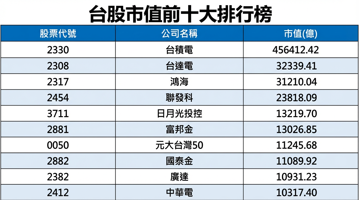 ▲▼ 台股市值前十排行榜、資料來源證交所            。（AI協作圖／記者林潔禎製作，經編輯審核）