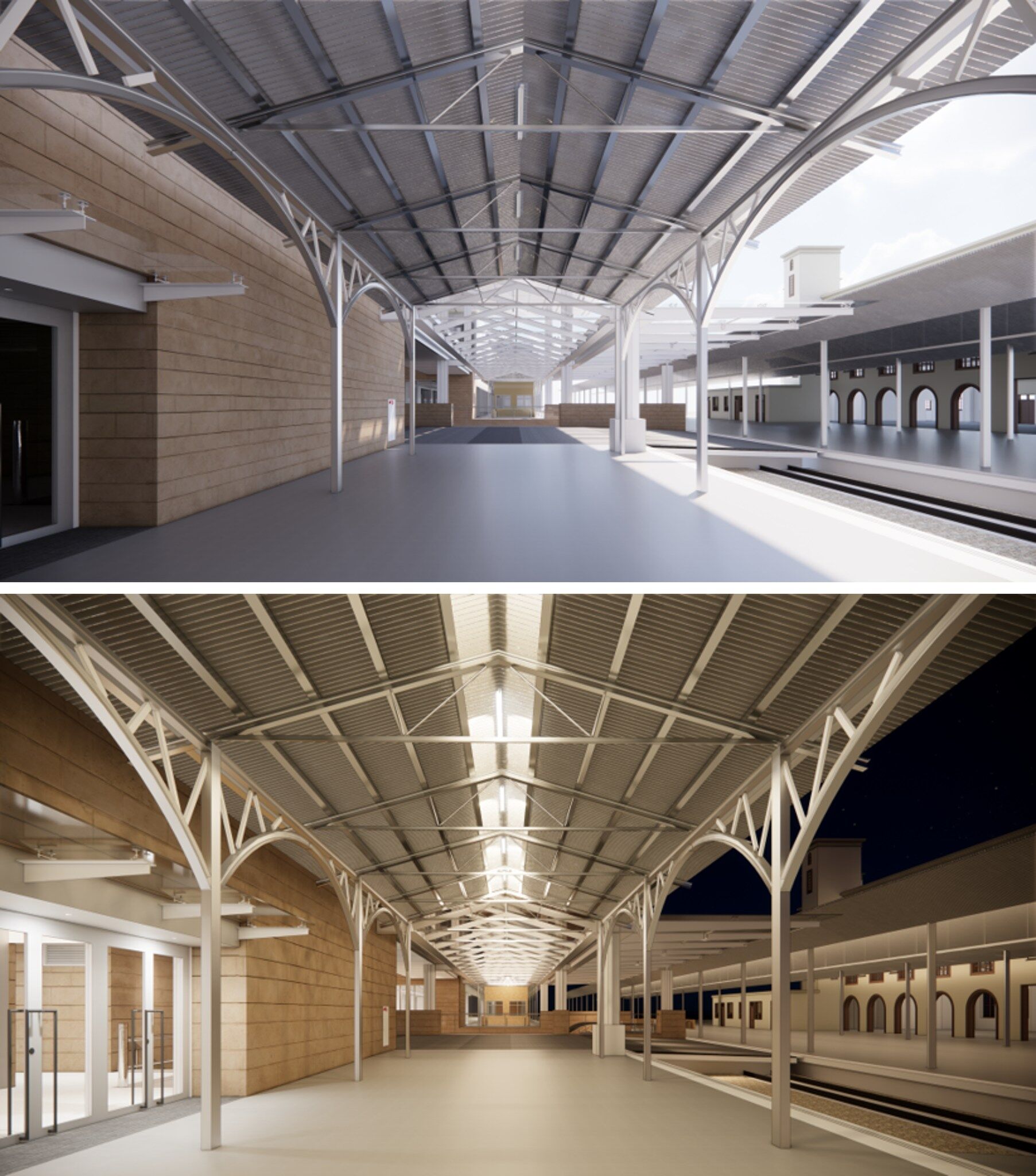 ▲▼台鐵台南站第二月台棚架構件拆除並原地復舊，成為台南人等待火車的記憶空間，與北棟建築結合具備候車及展演機能。（圖／鐵道局提供）