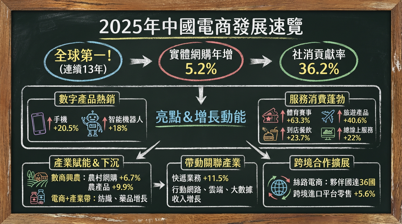 ▲大陸2025年電商發展概況。（AI協作圖／記者魏有德製作，經編輯審核）