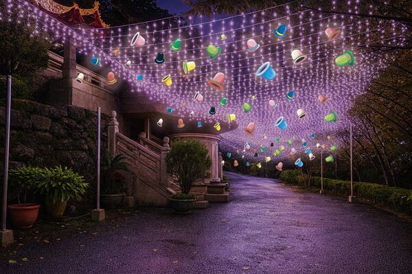 ▲淡水無極天元宮是人氣賞櫻勝地，每年1月底開始，後山的三色櫻首波開花,「2026花見櫻花季」首度聯名幾米繪本《閉上眼睛一下下》打造多座互動場景。（圖／新北市景觀處提供）