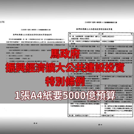 ▲▼行政院指出，馬政府時期5案特別條例平均也只有2.6張A4紙，以此回擊藍白猛打1.2兆國防預算特別條例只有2張A4紙的攻擊。（圖／翻攝自Facebook／行政院發言人）