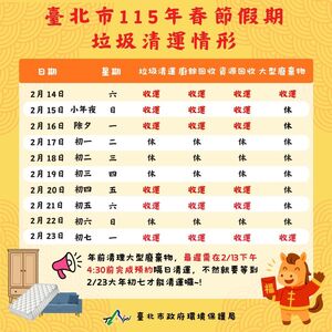 北市春節「小年夜照常收垃圾」　初一至初三、初六「停收4天」