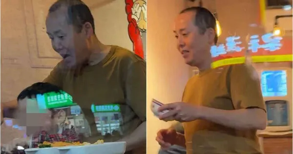 葛西健二帶著小男孩到餐廳吃晚餐，他對孩子露出慈父笑容。（圖／讀者提供）