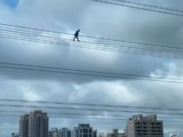 民眾目擊維修人員直接走在高空電纜線上檢修。（翻攝Threads@eleanorwu0114）