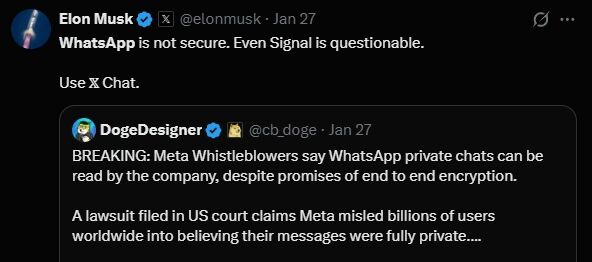 ▲馬斯克指控 Whatsapp 存在安全性疑慮。（圖／翻攝推特）