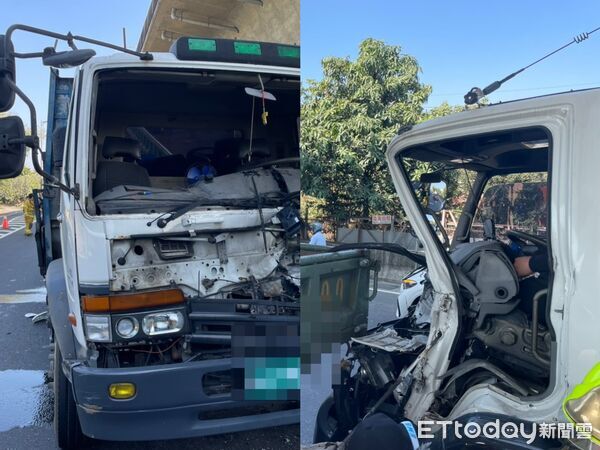 ▲▼高雄6車連環撞！大貨車疑煞不住「車頭擠扁」   。（圖／記者賴文萱翻攝）