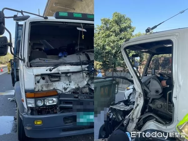 ▲▼高雄6車連環撞！大貨車疑煞不住「車頭擠扁」   。（圖／記者賴文萱翻攝）