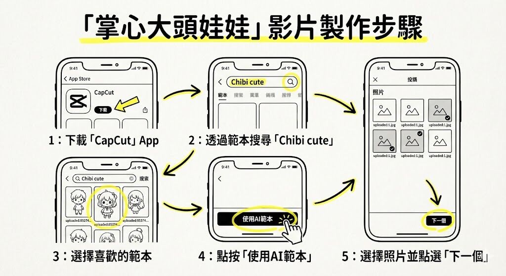 ▲「掌心大頭娃娃」影片製作步驟 。（AI協作圖／記者曾筠淇製作，經編輯審核）