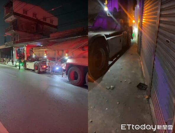 ▲高雄一輛砂石車不明原因自撞電線桿，再衝進民宅鐵門。（圖／民眾提供）