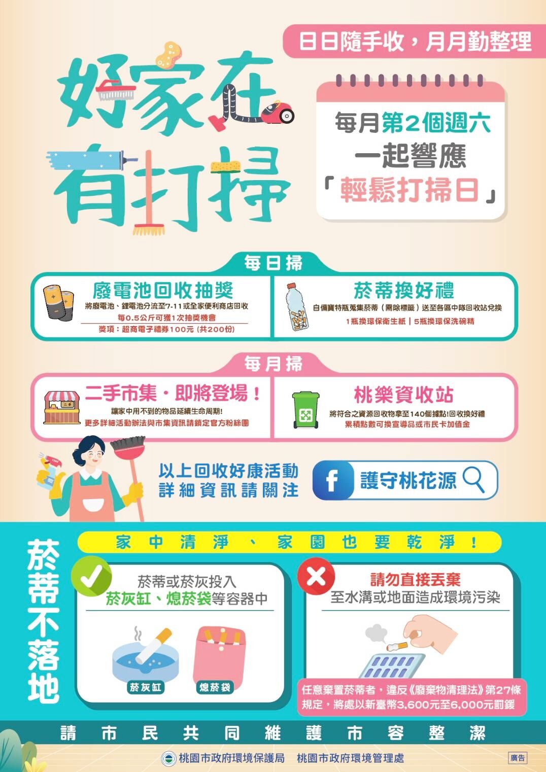 ▲桃園市環境管理處把年終大掃除，轉型為「日日隨手收、月月勤整理」常態清潔行動，圖為懶人包說明。（圖／市府環管處提供）