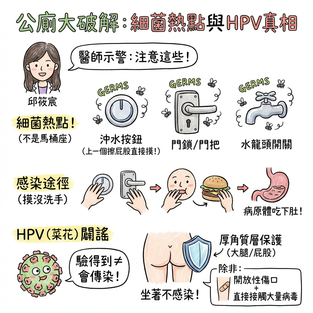 馬桶座不是最髒！公廁「這3處」更毒　醫：上一人擦完屁股就摸 。（AI協作圖／記者李佳蓉製作，經編輯審核）