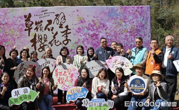 ▲草嶺石壁櫻花季即將登場，粉色花海沿著山坡與道路綻放，形成春日山城畫面。（圖／記者游瓊華翻攝）