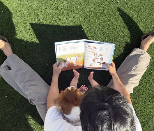 ▲ 大谷翔平在社群平台分享溫馨畫面，坐在草地上翻閱兒童書，身旁有愛犬Decoy，畫面中也出現疑似長女的小手小腳   。（圖／截自大谷翔平IG）