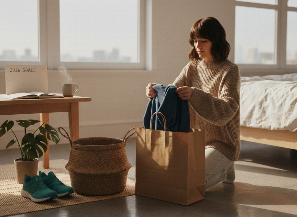 ▲居家,女性,整理,滑手機。（AI協作圖／記者蔡惠如製作，經編輯審核）