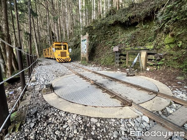 ▲▼為了讓蹦蹦車調頭，駕駛必須將車頭開到轉盤上，再推動轉盤調轉180度。（圖／記者許敏溶攝）
