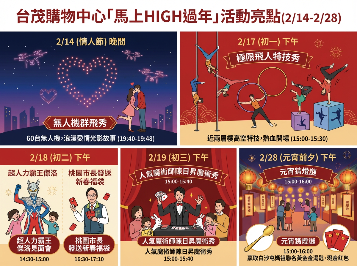 ▲台茂購物中心「馬上HIGH過年」新春活動。（AI協作圖／記者彭懷玉製作，經編輯審核）