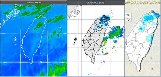 ▲▼今(7日)晨4：30紅外線色調強化雲圖顯示，中部以北雲層較多(左圖)。4：30雷達回波合成圖顯示，中部以北及東側海面有降水回波(中圖)。4：30累積雨量圖顯示，中部以北及東半部有局部降雨(右圖)。（圖／洩天機教室）