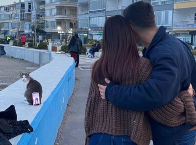 情侶借「貓體自拍架」親密合影　白底虎斑回頭傻眼快被閃瞎