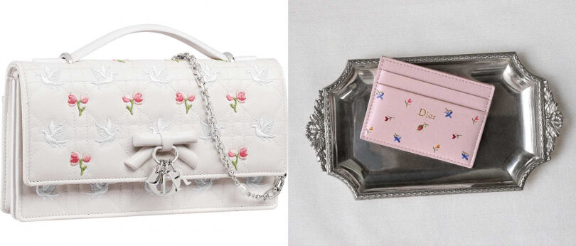 My Dior Doves & Roses 刺繡小羊皮迷你包／135,000元，Dioramour Dior Freesia 粉色Revolution Flowers印花卡夾／16,000元（圖／品牌提供）