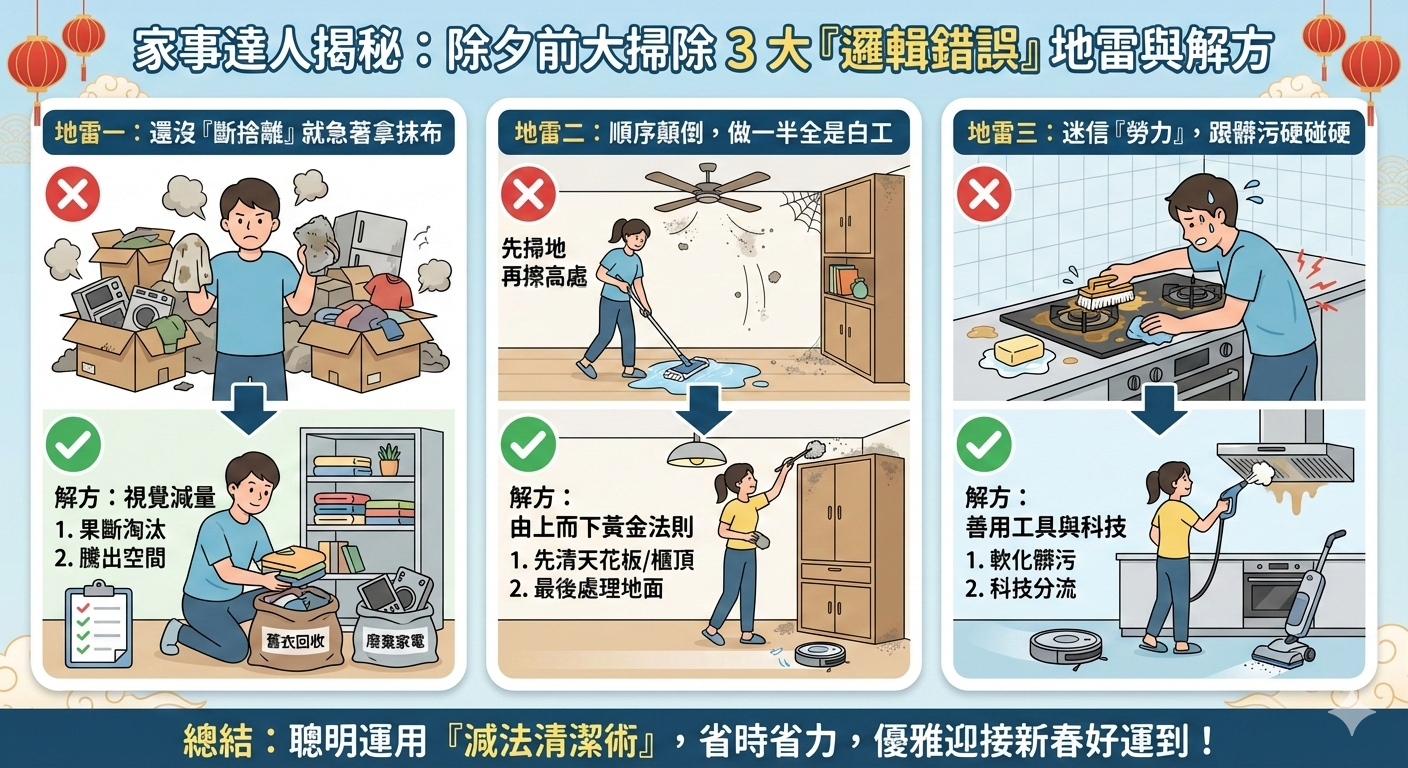 ▲大掃除老是掃不完？專家揭3大地雷：第一步「拿抹布就錯了」。（AI協作圖／記者胡至欣製作，經編輯審核）