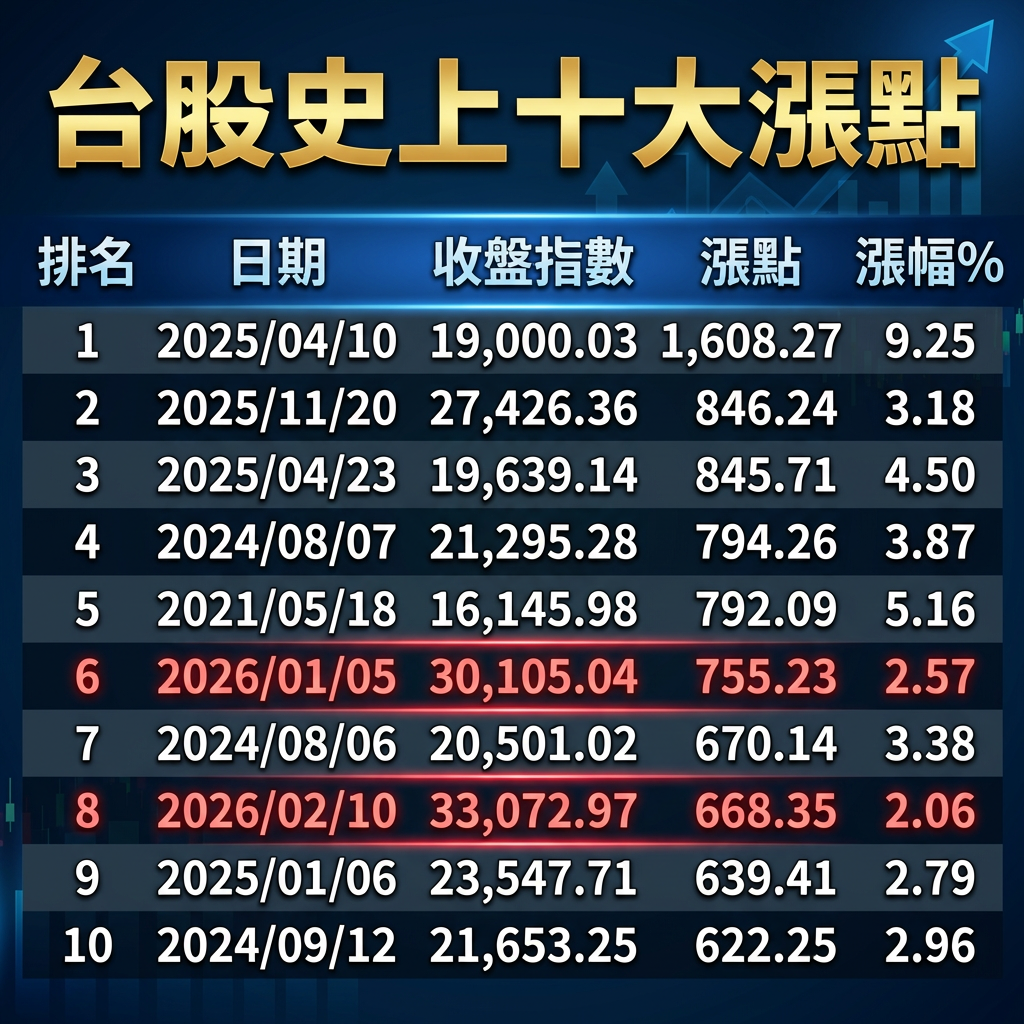 ▲▼台股史上十大漲點。（AI協作圖／記者林潔禎製作，經編輯審核）