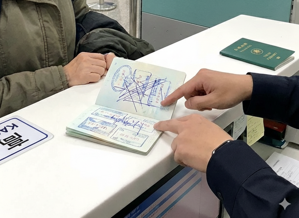 ▲▼婦人為了不讓男友知道自己出國，把護照上的出入境章用原子筆塗掉。（AI協作圖／記者董美琪製作，經編輯審核）