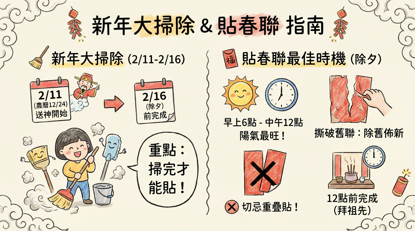 ▲▼貼春聯「7大禁忌」一圖看懂！　專家揭最佳時間、位置。（AI協作圖／記者柯沛辰製作，經編輯審核）