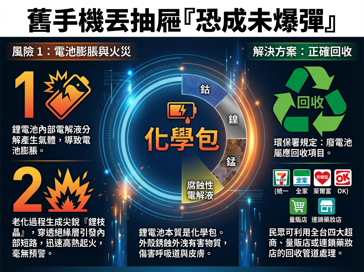 ▲▼舊手機丟抽屜「恐成未爆彈」。（AI協作圖／記者周亭瑋製作，經編輯審核）