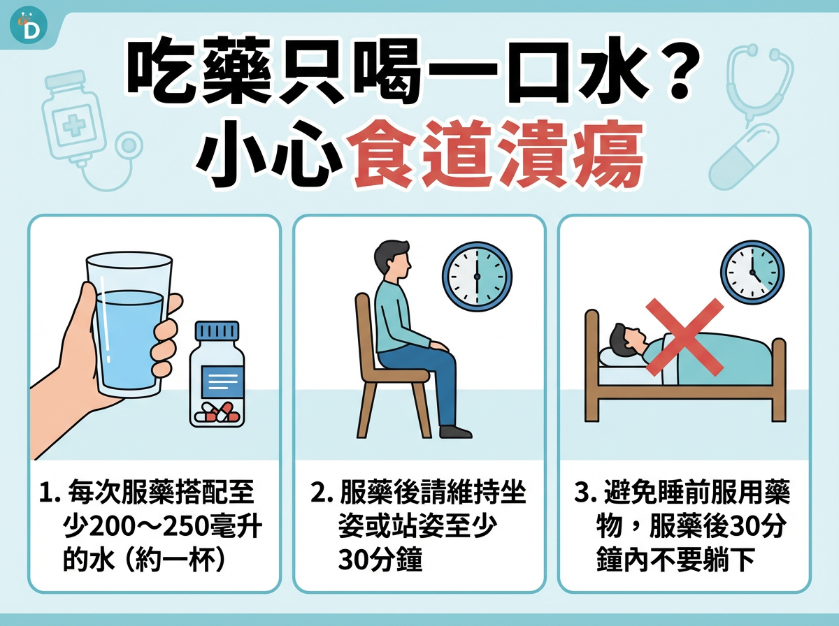 ▲吃藥只喝一口水？小心食道潰瘍。（AI協作圖／記者周亭瑋製作，經編輯審核）