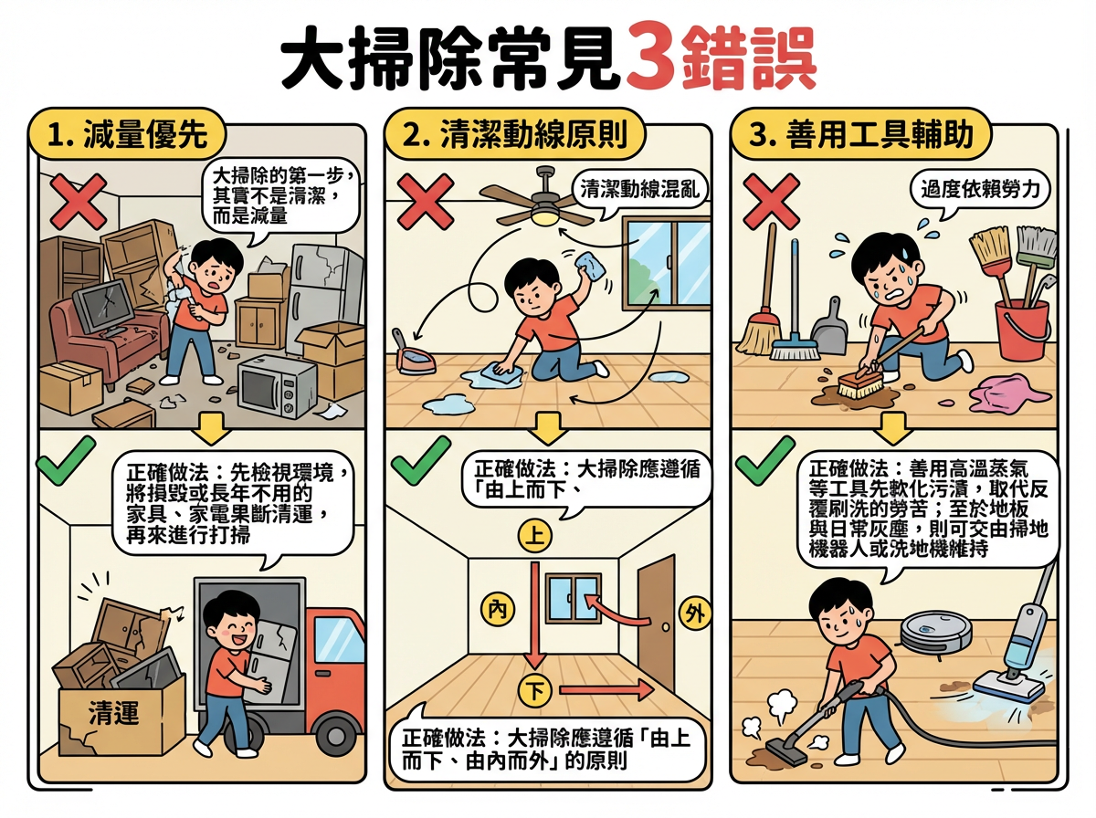 ▲大掃除常見3錯誤。（AI協作圖／記者周亭瑋製作，經編輯審核）