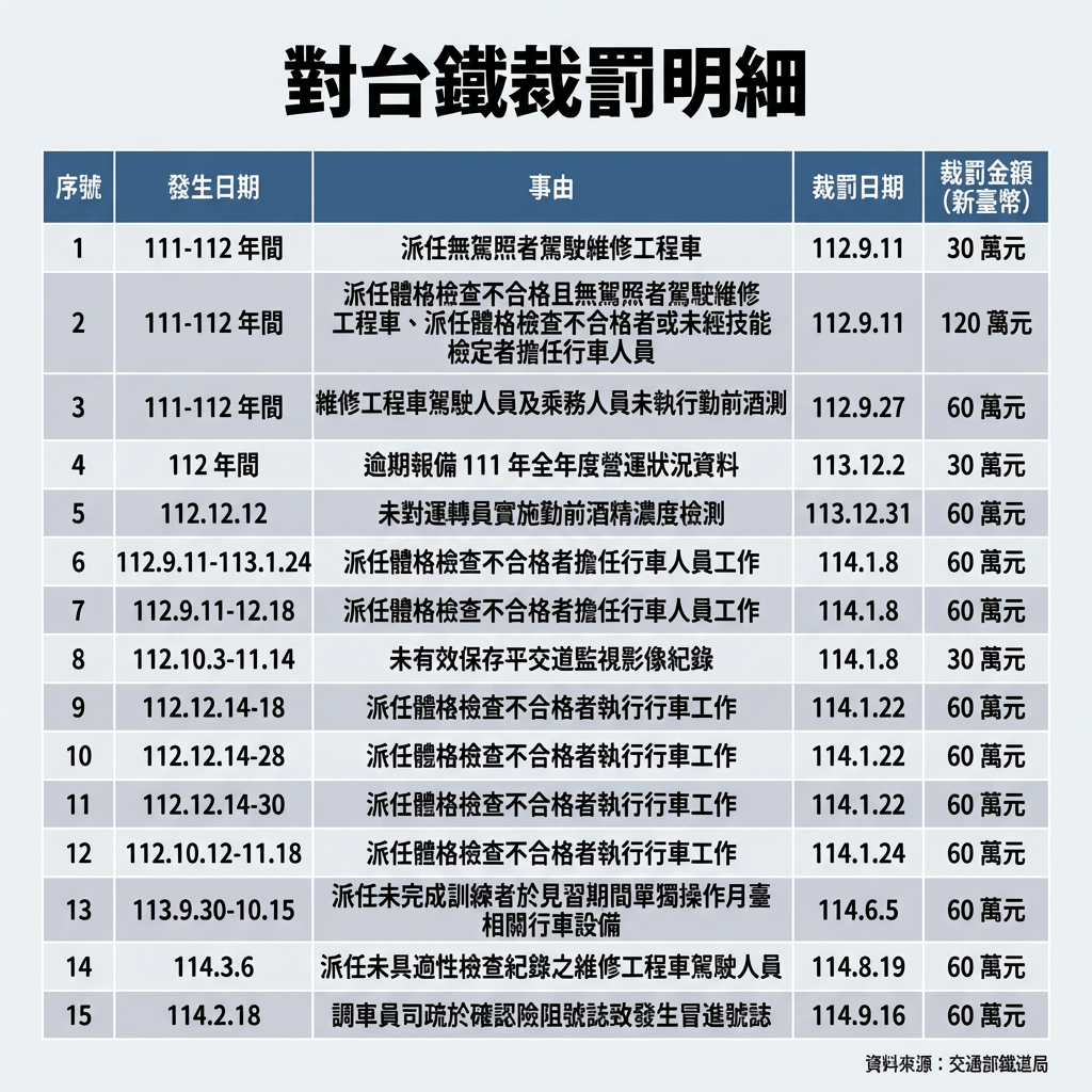 ▲▼鐵道局對台鐵裁罰明細。（AI協作圖／記者周湘芸製作，經編輯審核）