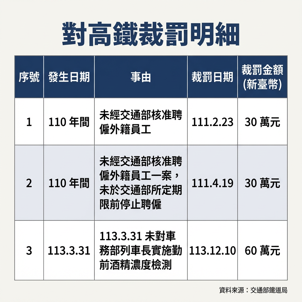 ▲▼鐵道局對高鐵裁罰明細。（AI協作圖／記者周湘芸製作，經編輯審核）
