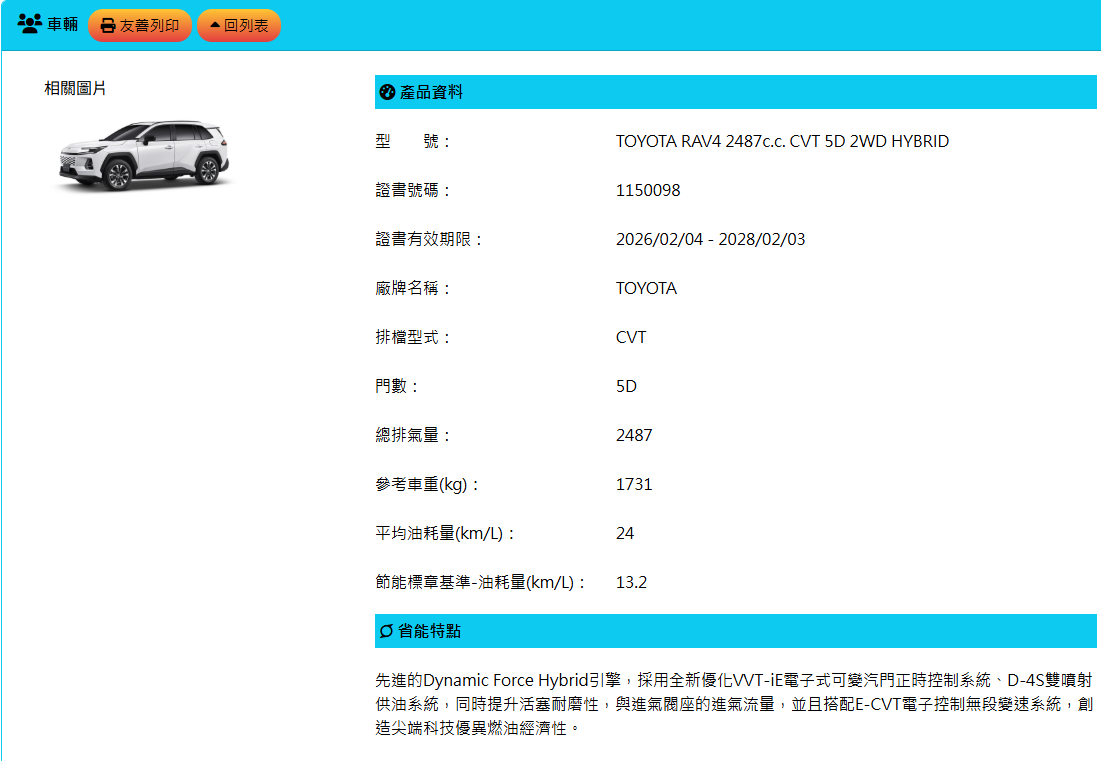 ▲第6代RAV4不僅訂單爆量！省油功力更是獲得政府認證。（圖／翻攝自經濟部）