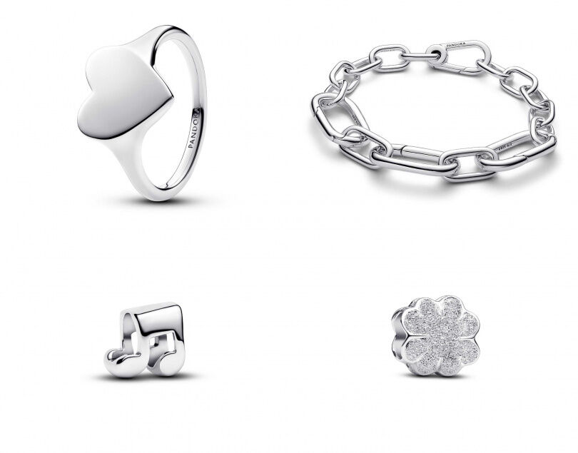 可鐫刻心形戒指／2,880元，特大鏈圈手鏈／4,380元，音符迷你串飾／1,080元，幸運草霧銀迷你串飾／1,280元（圖／品牌提供）